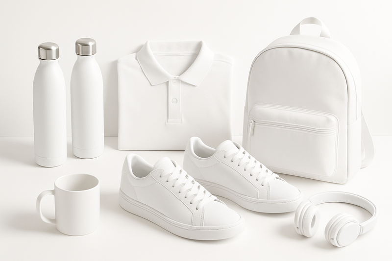 A picture showing other products in all white (water bottles, polos, etc)